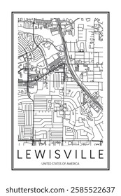 Printable downtown road map poster of the USA town of LEWISVILLE on solid white background with city name