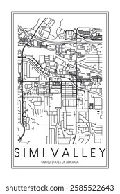 Printable downtown road map poster of the USA town of SIMI VALLEY on solid white background with city name