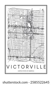 Printable downtown road map poster of the USA town of VICTORVILLE on solid white background with city name