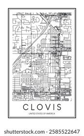 Printable downtown road map poster of the USA town of CLOVIS on solid white background with city name