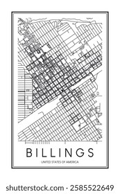 Printable downtown road map poster of the USA town of BILLINGS on solid white background with city name