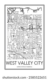 Printable downtown road map poster of the USA town of WEST VALLEY CITY on solid white background with city name