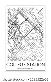 Printable downtown road map poster of the USA town of COLLEGE STATION on solid white background with city name