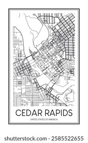 Printable downtown road map poster of the USA town of CEDAR RAPIDS on solid white background with city name