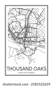 Printable downtown road map poster of the USA town of THOUSAND OAKS on solid white background with city name