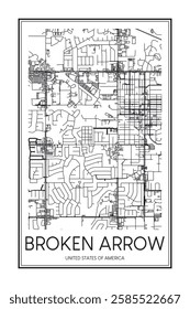 Printable downtown road map poster of the USA town of BROKEN ARROW on solid white background with city name