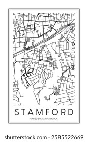 Printable downtown road map poster of the USA town of STAMFORD on solid white background with city name