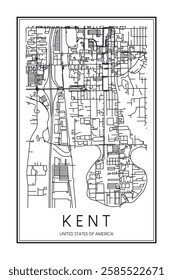 Printable downtown road map poster of the USA town of KENT on solid white background with city name