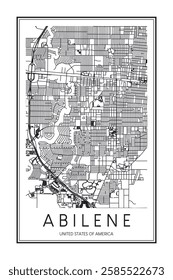 Printable downtown road map poster of the USA town of ABILENE on solid white background with city name