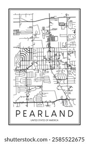 Printable downtown road map poster of the USA town of PEARLAND on solid white background with city name