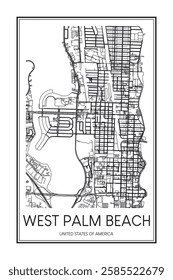 Printable downtown road map poster of the USA town of WEST PALM BEACH on solid white background with city name