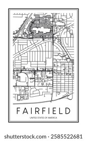 Printable downtown road map poster of the USA town of FAIRFIELD on solid white background with city name