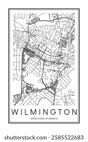 Printable downtown road map poster of the USA town of WILMINGTON on solid white background with city name