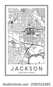 Printable downtown road map poster of the USA town of JACKSON on solid white background with city name