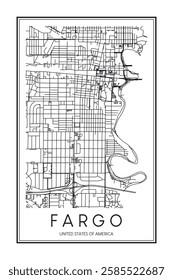 Printable downtown road map poster of the USA town of FARGO on solid white background with city name