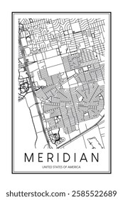 Printable downtown road map poster of the USA town of MERIDIAN on solid white background with city name