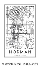 Printable downtown road map poster of the USA town of NORMAN on solid white background with city name