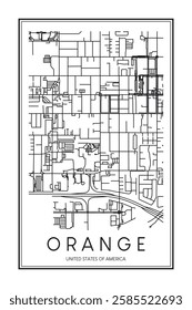 Printable downtown road map poster of the USA town of ORANGE on solid white background with city name