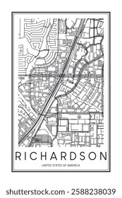 Printable downtown road map poster of the USA town of RICHARDSON on solid white background with city name