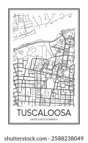 Printable downtown road map poster of the USA town of TUSCALOOSA on solid white background with city name