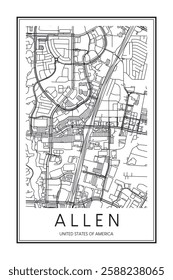 Printable downtown road map poster of the USA town of ALLEN on solid white background with city name