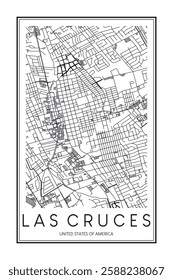 Printable downtown road map poster of the USA town of LAS CRUCES on solid white background with city name