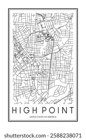 Printable downtown road map poster of the USA town of HIGH POINT on solid white background with city name