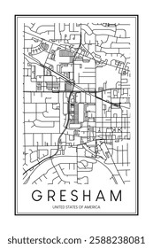 Printable downtown road map poster of the USA town of GRESHAM on solid white background with city name