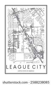 Printable downtown road map poster of the USA town of LEAGUE CITY on solid white background with city name