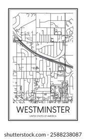 Printable downtown road map poster of the USA town of WESTMINSTER on solid white background with city name