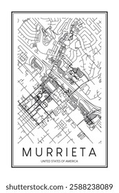 Printable downtown road map poster of the USA town of MURRIETA on solid white background with city name