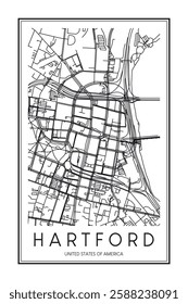 Printable downtown road map poster of the USA town of HARTFORD on solid white background with city name