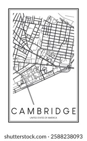 Printable downtown road map poster of the USA town of CAMBRIDGE on solid white background with city name