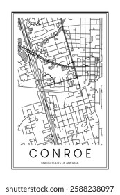 Printable downtown road map poster of the USA town of CONROE on solid white background with city name