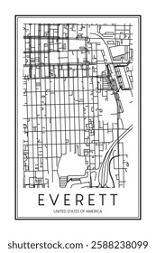 Printable downtown road map poster of the USA town of EVERETT on solid white background with city name