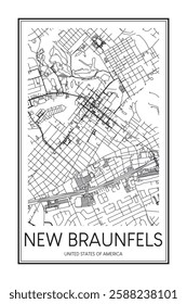 Printable downtown road map poster of the USA town of NEW BRAUNFELS on solid white background with city name