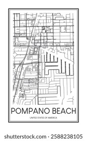 Printable downtown road map poster of the USA town of POMPANO BEACH on solid white background with city name