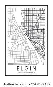 Printable downtown road map poster of the USA town of ELGIN on solid white background with city name