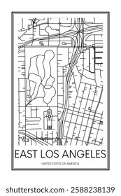 Printable downtown road map poster of the USA town of EAST LOS ANGELES on solid white background with city name