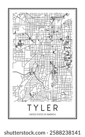 Printable downtown road map poster of the USA town of TYLER on solid white background with city name