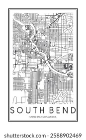 Printable downtown road map poster of the USA town of SOUTH BEND on solid white background with city name