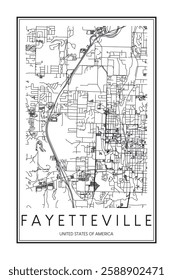 Printable downtown road map poster of the USA town of FAYETTEVILLE on solid white background with city name