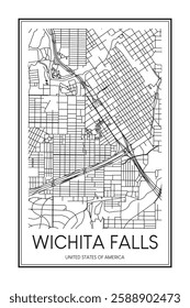 Printable downtown road map poster of the USA town of WICHITA FALLS on solid white background with city name