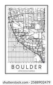 Printable downtown road map poster of the USA town of BOULDER on solid white background with city name