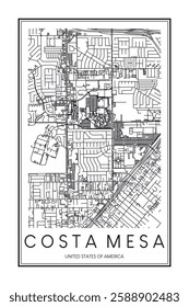 Printable downtown road map poster of the USA town of COSTA MESA on solid white background with city name