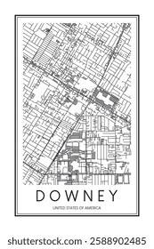 Printable downtown road map poster of the USA town of DOWNEY on solid white background with city name