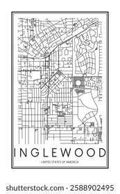 Printable downtown road map poster of the USA town of INGLEWOOD on solid white background with city name