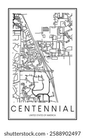 Printable downtown road map poster of the USA town of CENTENNIAL on solid white background with city name