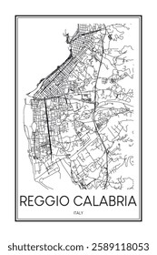 Printable downtown road map poster of the Italian city of REGGIO CALABRIA on solid white background with city name