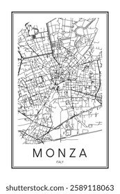 Printable downtown road map poster of the Italian city of MONZA on solid white background with city name